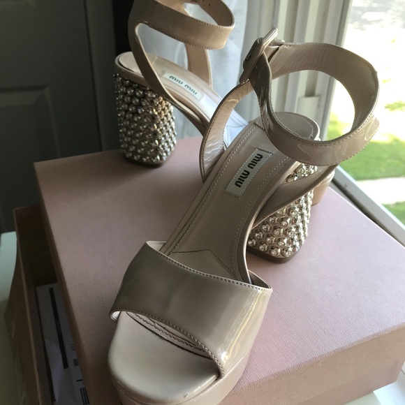 Miu Miu Jeweled Heel Ankle Strap Platforms in Nude - Picture 4 of 8